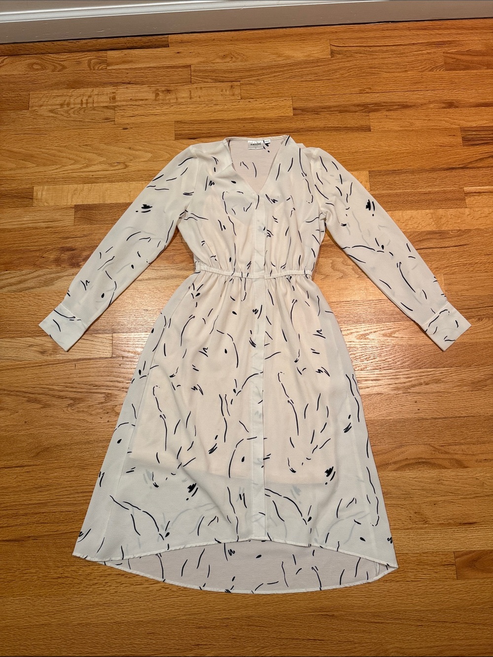 Cream Long-Sleeve Printed Shirtdress with Elastic Waist